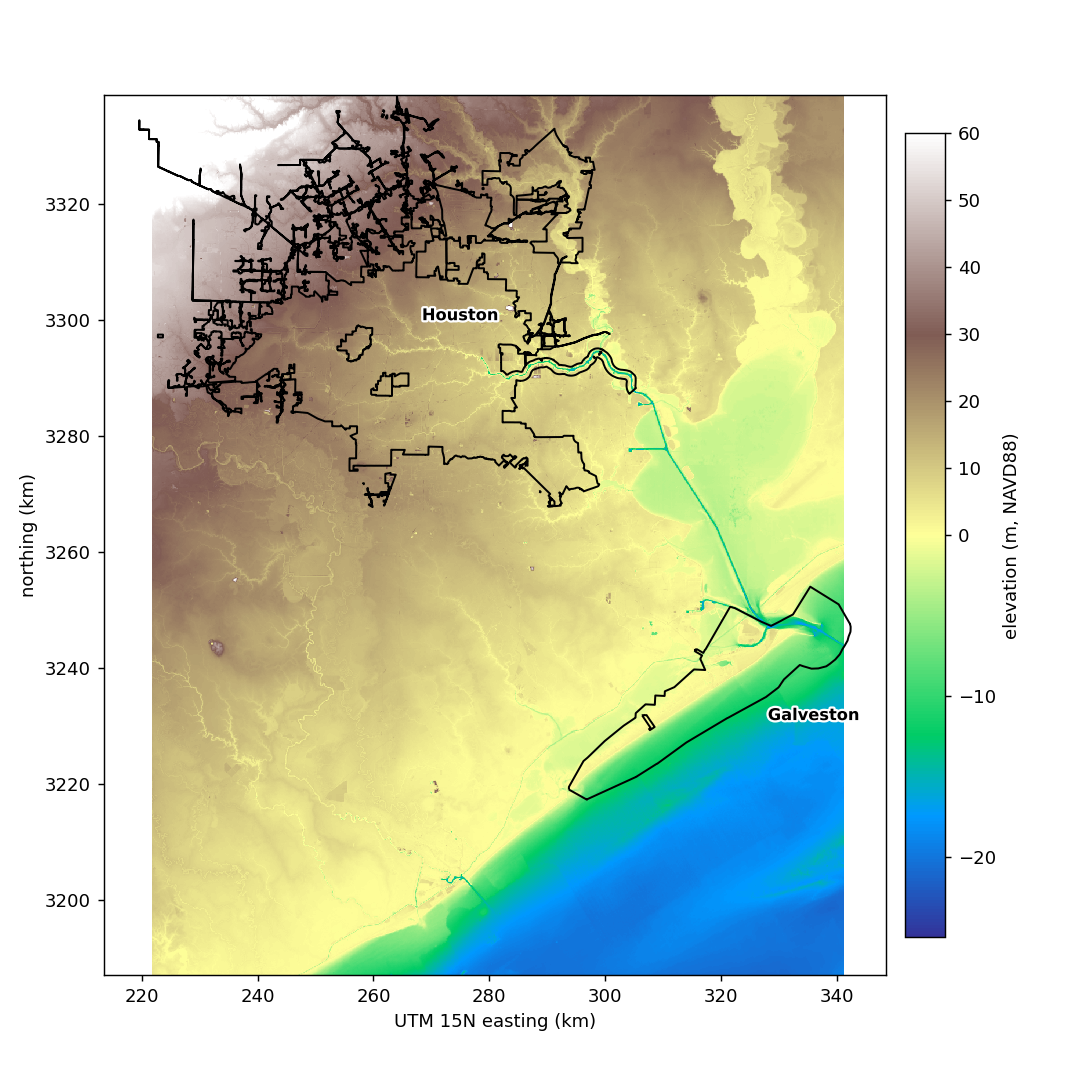 Elevation driving the model, merged from CUDEM and 3DEP, with Houston and Galveston city limits