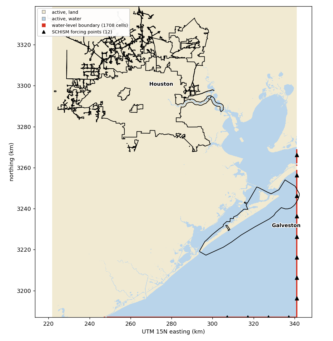 The SFINCS grid, its active cells and the open water-level boundary across Houston, Galveston Bay and the Gulf, with 12 SCHISM forcing points on the boundary