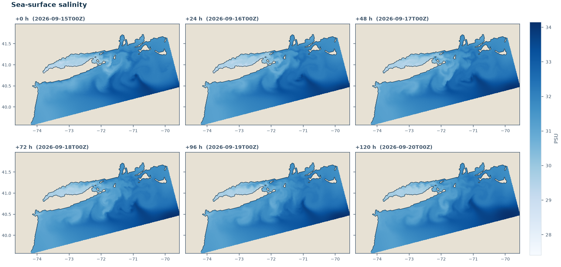 Six-panel forecast of sea-surface salinity across the domain at 24-hour intervals from +0h to +120h